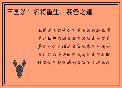 三国杀：名将重生，装备之道