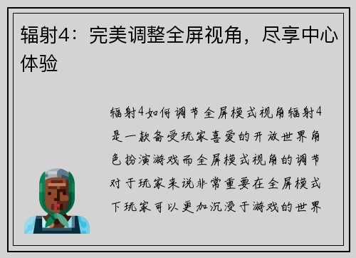 辐射4：完美调整全屏视角，尽享中心体验